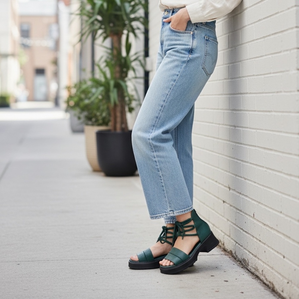 Handmade Retro Leather Ankle Straps Platform Green Sandal, Size 10